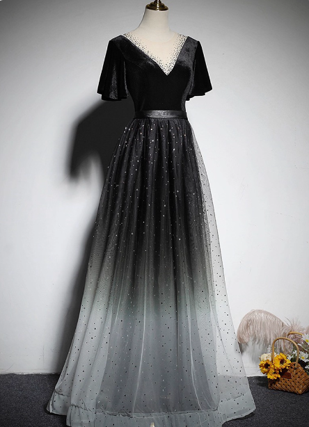 Vintage Black-Gray Gradient A-Line V-Neck Velvet Tulle Long Formal Prom Dress