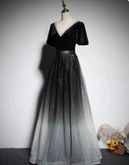 Vintage Black-Gray Gradient A-Line V-Neck Velvet Tulle Long Formal Prom Dress