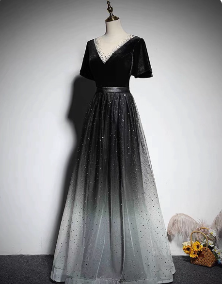 Vintage Black-Gray Gradient A-Line V-Neck Velvet Tulle Long Formal Prom Dress
