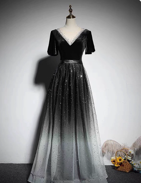 Vintage Black-Gray Gradient A-Line V-Neck Velvet Tulle Long Formal Prom Dress Main image
