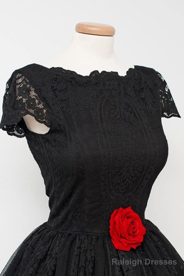 Vintage Black Lace Homecoming Dresses Bateau Knee-Length Flower Secondary image