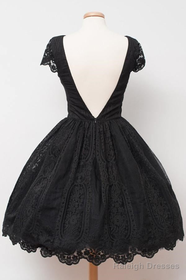 Vintage Black Lace Homecoming Dress Bateau Knee-Length Flower