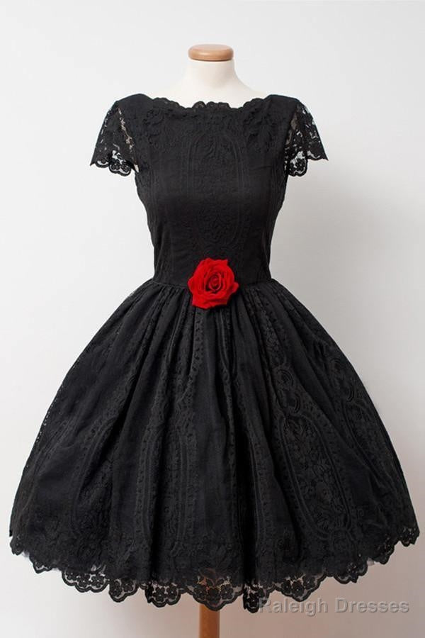 Vintage Black Lace Homecoming Dress Bateau Knee-Length Flower