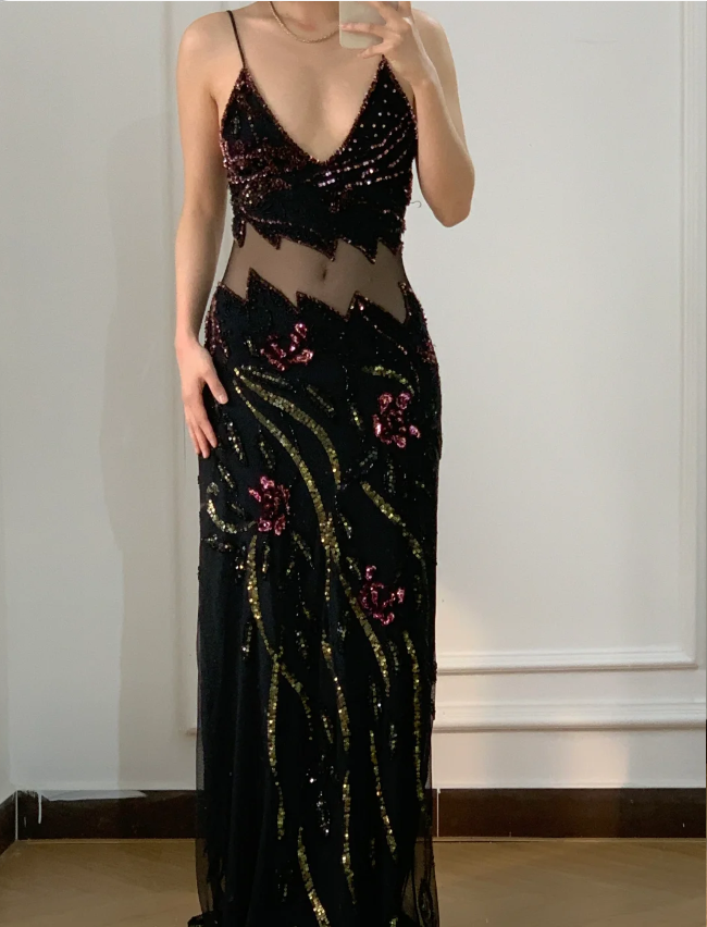 Vintage Black Mermaid Beaded Sequined Floral Cutout Tulle Long Formal Prom Dress Secondary image