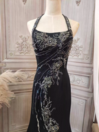 Vintage Black Mermaid Halter Neck Beaded Chiffon Long Formal Prom Dress