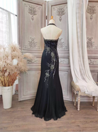 Vintage Black Mermaid Halter Neck Beaded Chiffon Long Formal Prom Dress