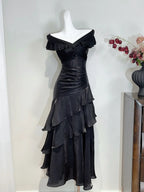 Vintage Black Mermaid One Shoulder Ruffle Satin Formal Prom Dress
