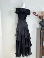 Vintage Black Mermaid One Shoulder Ruffle Satin Formal Prom Dress