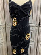 Vintage Black Mermaid Spaghetti Strap Gold Rose Beaded Embroidery Chiffon Long Formal Prom Dress