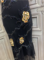 Vintage Black Mermaid Spaghetti Strap Gold Rose Beaded Embroidery Chiffon Long Formal Prom Dress