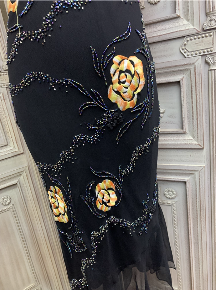 Vintage Black Mermaid Spaghetti Strap Gold Rose Beaded Embroidery Chiffon Long Formal Prom Dress