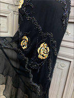 Vintage Black Mermaid Spaghetti Strap Gold Rose Beaded Embroidery Chiffon Long Formal Prom Dress