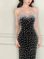 Vintage Black Mermaid Strapless Pearl Velvet Long Formal Prom Dress