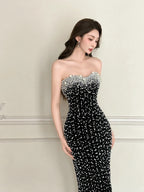 Vintage Black Mermaid Strapless Pearl Velvet Long Formal Prom Dress