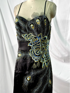 Vintage Black Peacock Feather Embroidered Slim-Fit Satin Long Formal Prom Dress