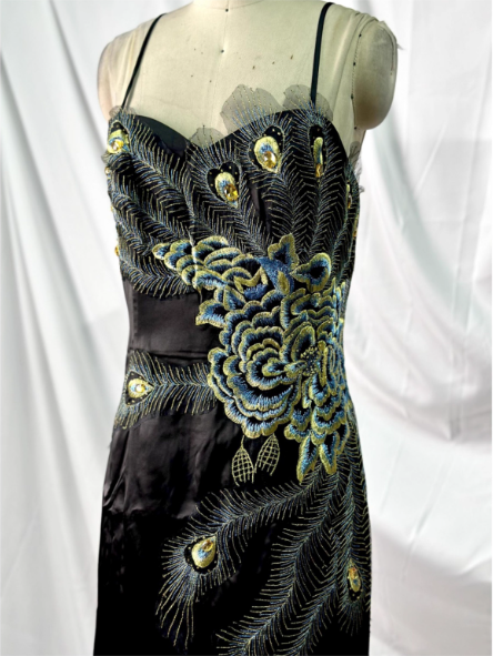 Vintage Black Peacock Feather Embroidered Slim-Fit Satin Long Formal Prom Dress