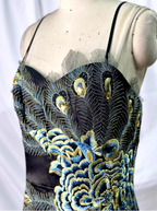 Vintage Black Peacock Feather Embroidered Slim-Fit Satin Long Formal Prom Dress