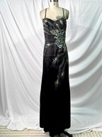 Vintage Black Peacock Feather Embroidered Slim-Fit Satin Long Formal Prom Dress