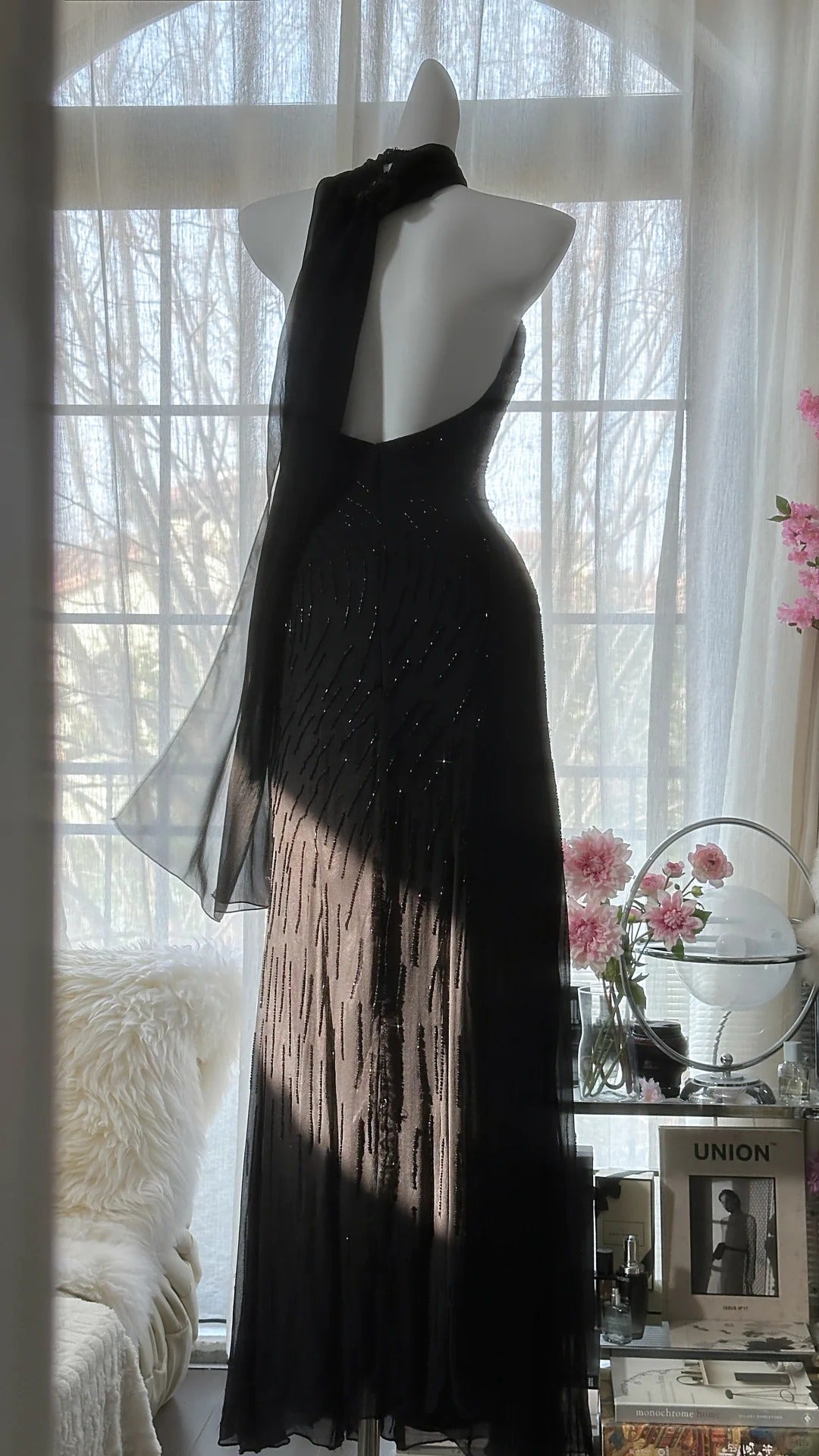 Vintage Black Pink Diamond Halter Neck Chiffon Mermaid Prom Gown Formal Prom Dress