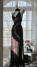Vintage Black Pink Diamond Halter Neck Chiffon Mermaid Prom Gown Formal Prom Dress