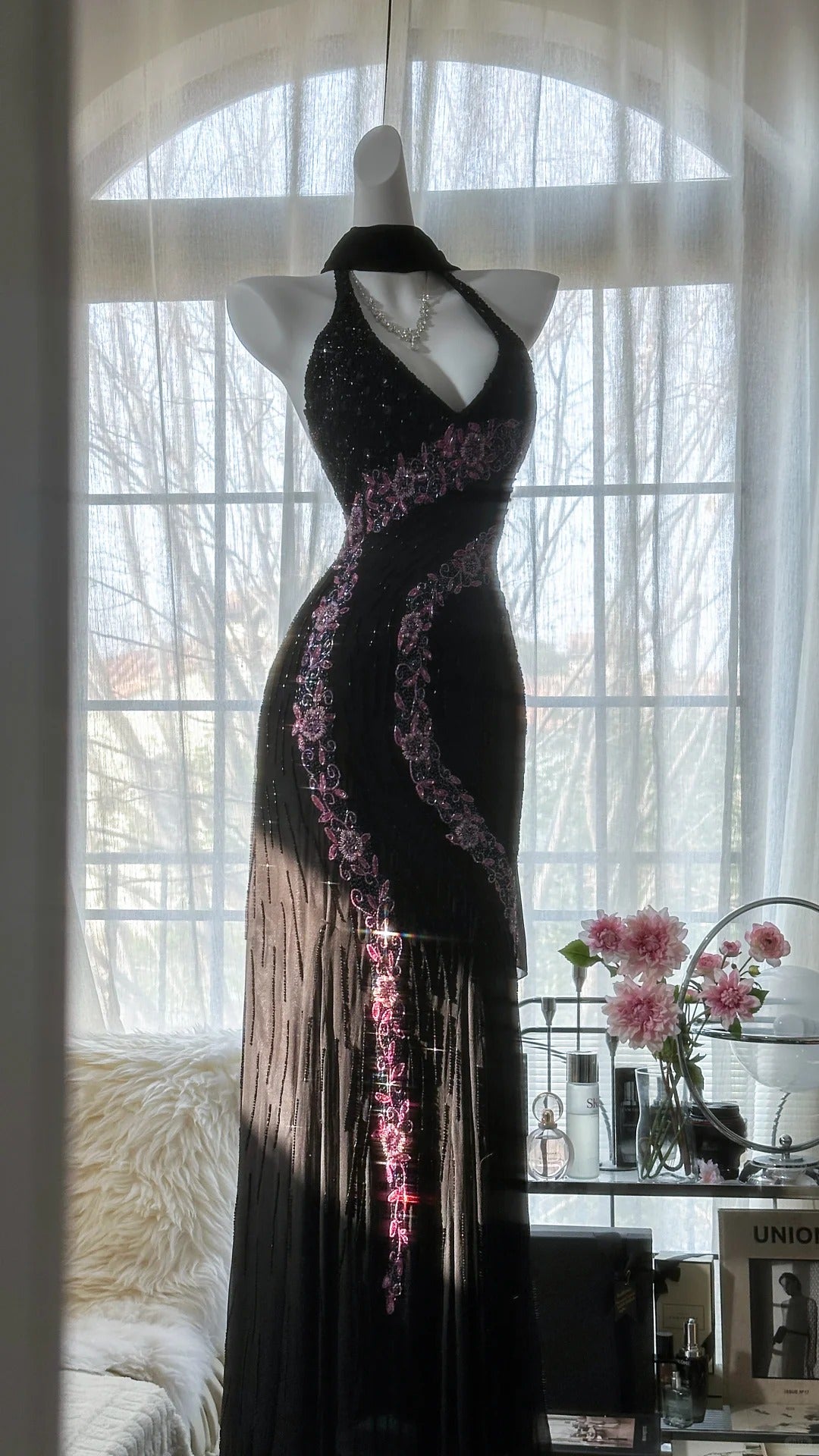 Vintage Black Pink Diamond Halter Neck Chiffon Mermaid Prom Gown Formal Prom Dress