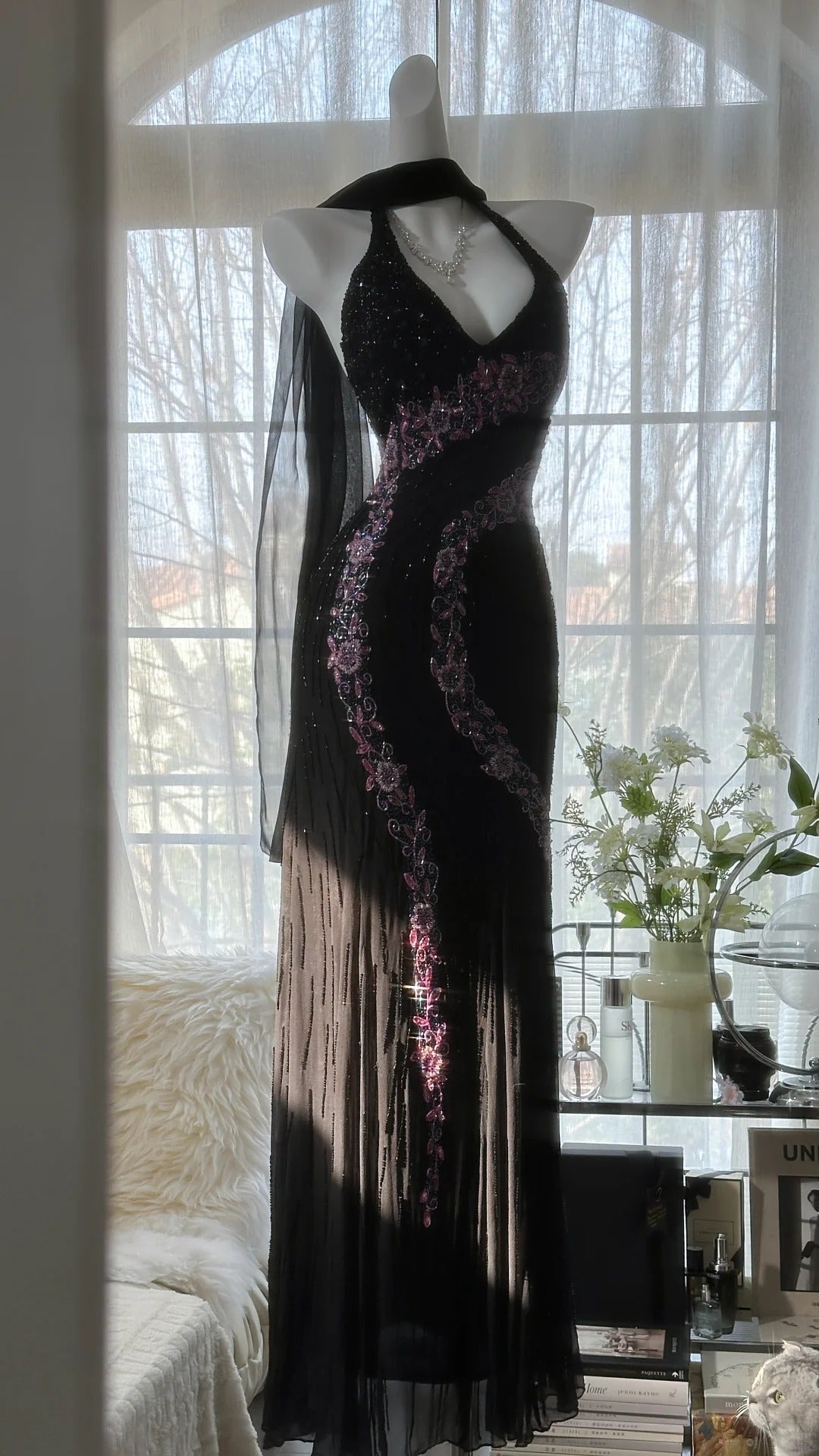 Vintage Black Pink Diamond Halter Neck Chiffon Mermaid Prom Gown Formal Prom Dress