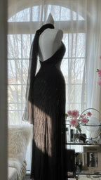 Vintage Black Pink Diamond Halter Neck Chiffon Mermaid Prom Gown Formal Prom Dress