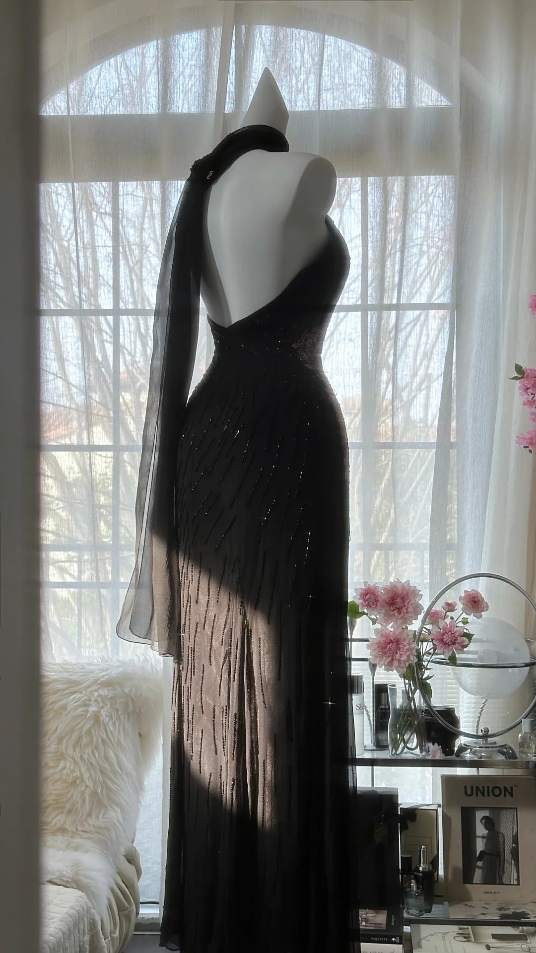 Vintage Black Pink Diamond Halter Neck Chiffon Mermaid Prom Gown Formal Prom Dress