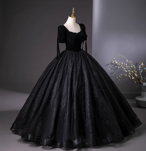 Vintage Black Puff Sleeve Velvet Shimmer Tulle Ball Gown Prom Dress Sweet 16 Dress