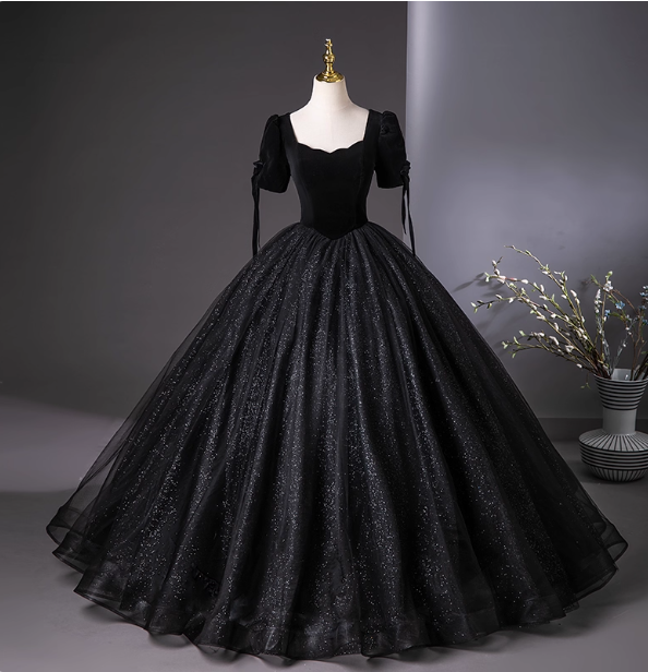 Vintage Black Puff Sleeve Velvet Shimmer Tulle Ball Gown Prom Dress Sweet 16 Dress Main image