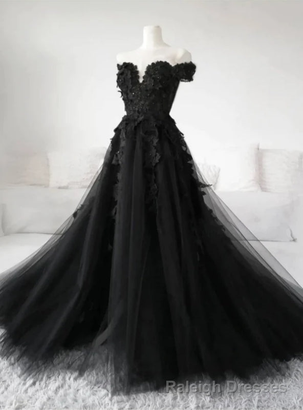 Vintage Black Tulle Off the Shoulder Appliques Prom Dress Main image