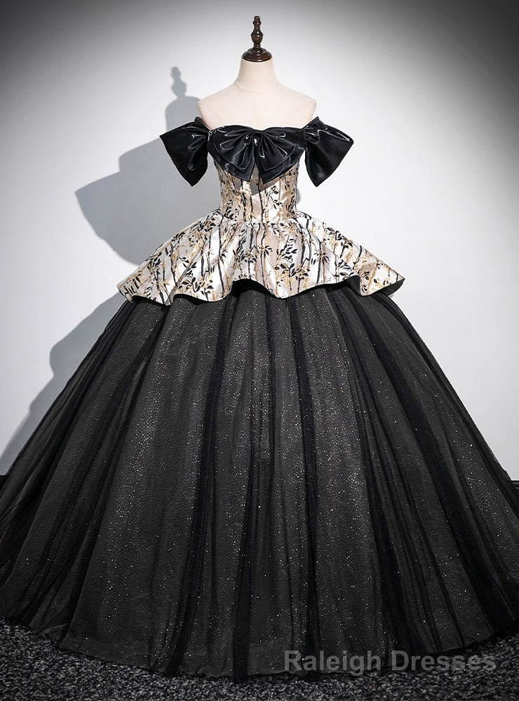 Vintage Black Tulle Sequins Off the Shoulder Quinceanera Dress With Bow Main image