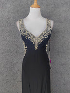 Vintage Black V-Neck Beaded Chiffon Long Formal Prom Dress