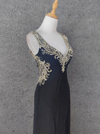 Vintage Black V-Neck Beaded Chiffon Long Formal Prom Dress