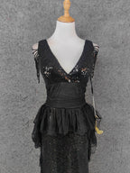 Vintage Black V-Neck Tassel Sequin Tulle Long Formal Prom Dress