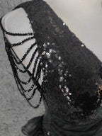Vintage Black V-Neck Tassel Sequin Tulle Long Formal Prom Dress
