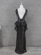 Vintage Black V-Neck Tassel Sequin Tulle Long Formal Prom Dress