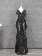 Vintage Black V-Neck Tassel Sequin Tulle Long Formal Prom Dress