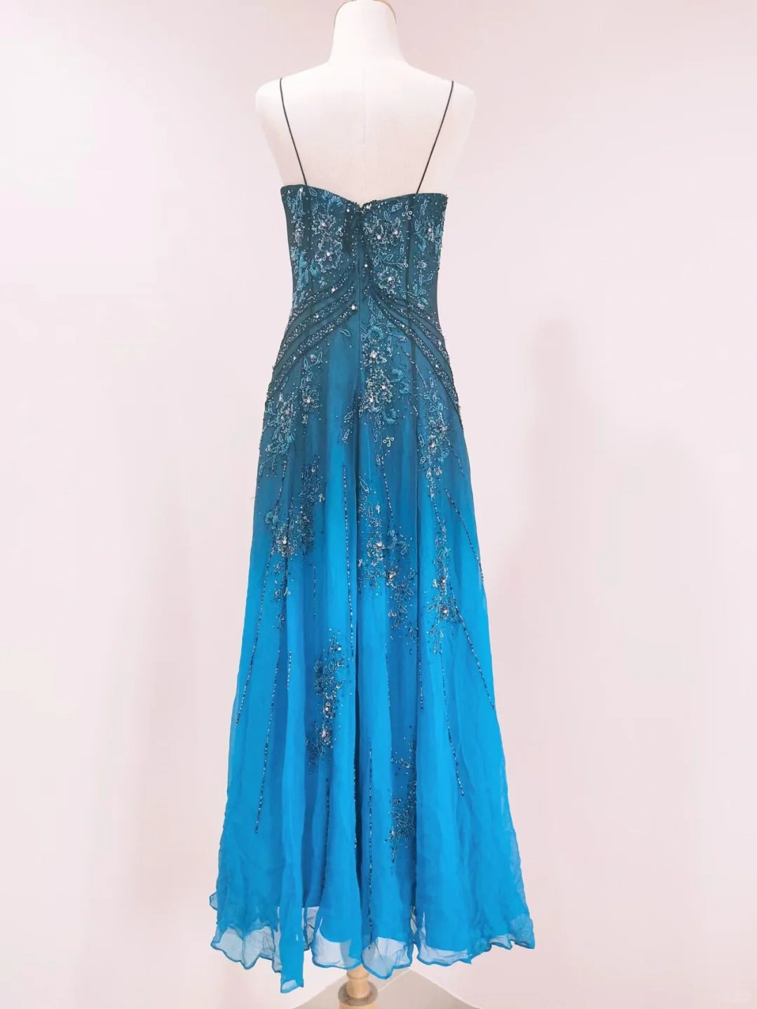 Vintage Blue A-Line Thin Strap Beaded Chiffon Long Formal Prom Dress