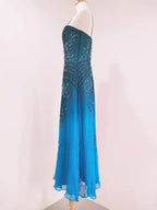 Vintage Blue A-Line Thin Strap Beaded Chiffon Long Formal Prom Dress