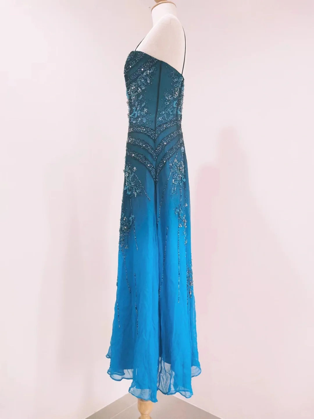Vintage Blue A-Line Thin Strap Beaded Chiffon Long Formal Prom Dress