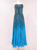 Vintage Blue A-Line Thin Strap Beaded Chiffon Long Formal Prom Dress
