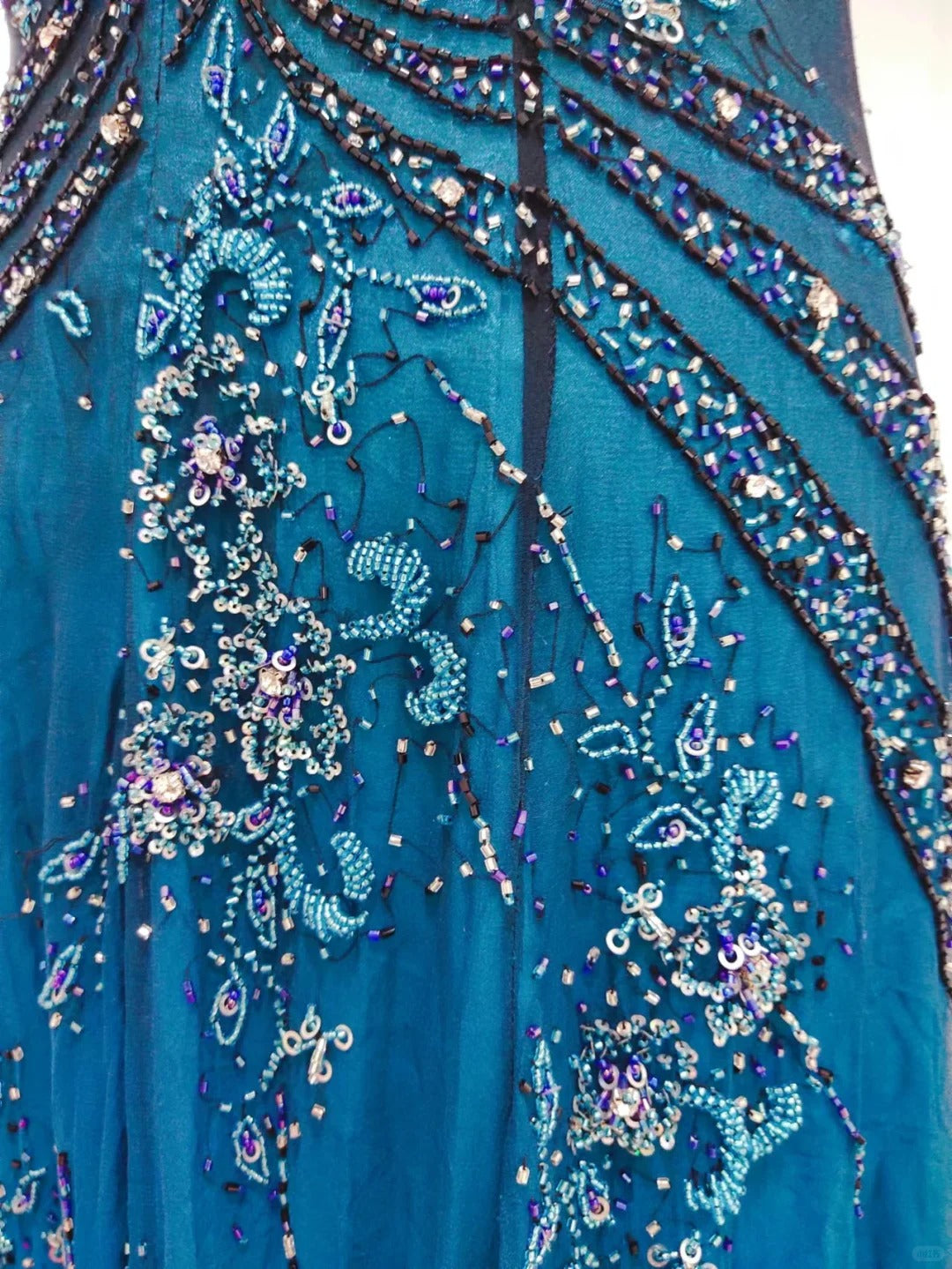 Vintage Blue A-Line Thin Strap Beaded Chiffon Long Formal Prom Dress