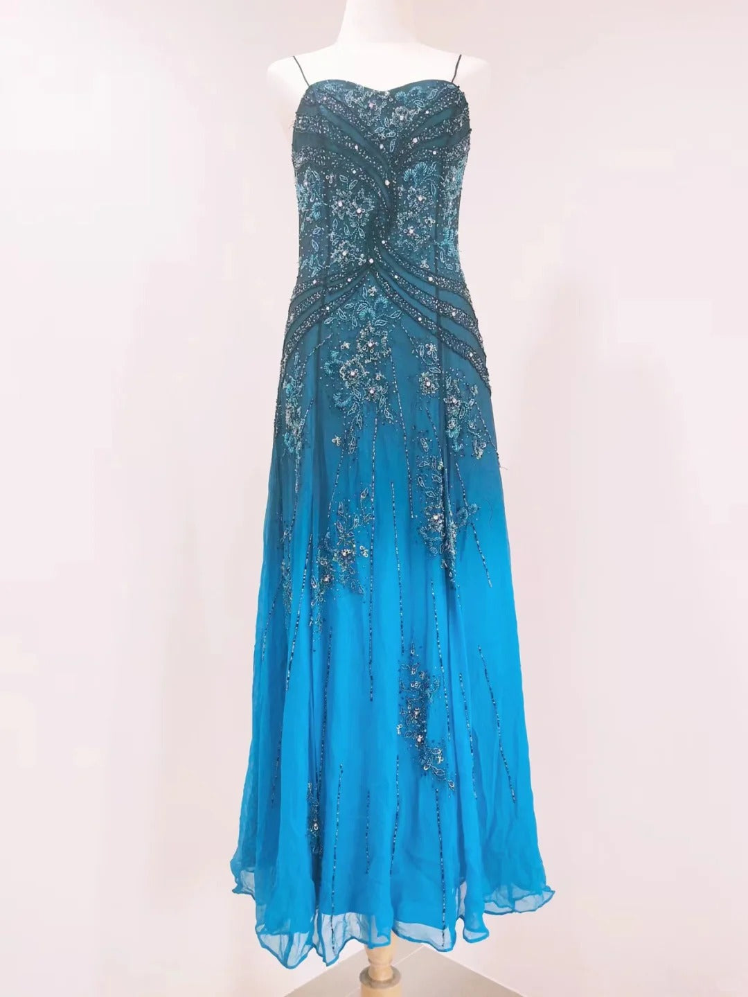 Vintage Blue A-Line Thin Strap Beaded Chiffon Long Formal Prom Dress Main image