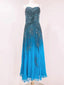 Vintage Blue A-Line Thin Strap Beaded Chiffon Long Formal Prom Dress