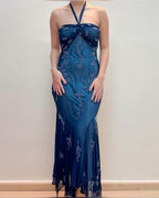 Vintage Blue Chiffon Prom Dress Long Elegant Beaded Prom Dress