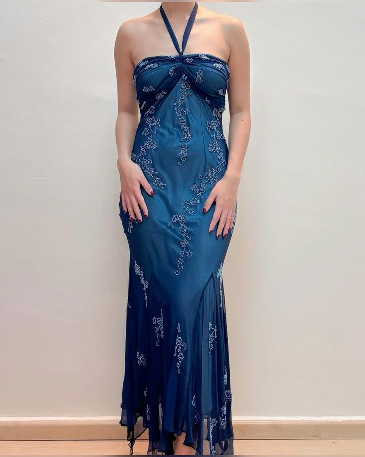 Vintage Blue Chiffon Prom Dress Long Elegant Beaded Prom Dress