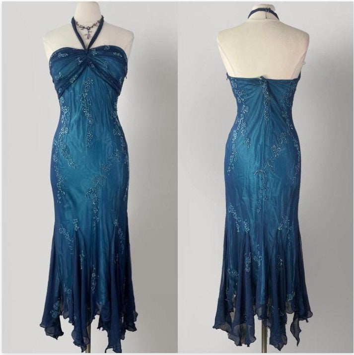 Vintage Blue Chiffon Prom Dress Long Elegant Beaded Prom Dress