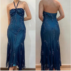 Vintage Blue Chiffon Prom Dress Long Elegant Beaded Prom Dress