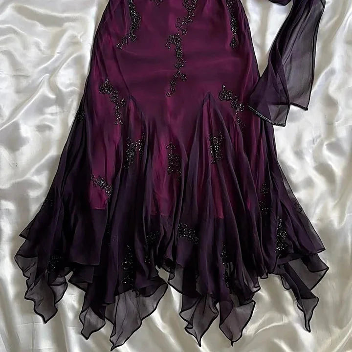 Vintage Blue Chiffon Prom Dress Long Elegant Beaded Prom Dress